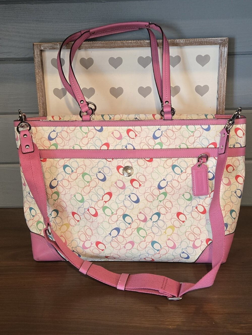 Coach Pink Multicolor Signature Tote with Removable Strap